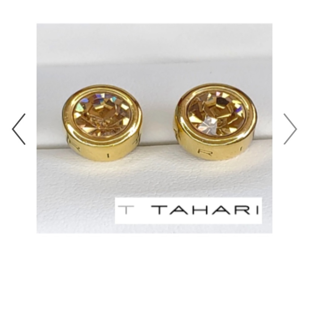 T TAHARI Logo Gold Tone Round Topaz Post Earrings